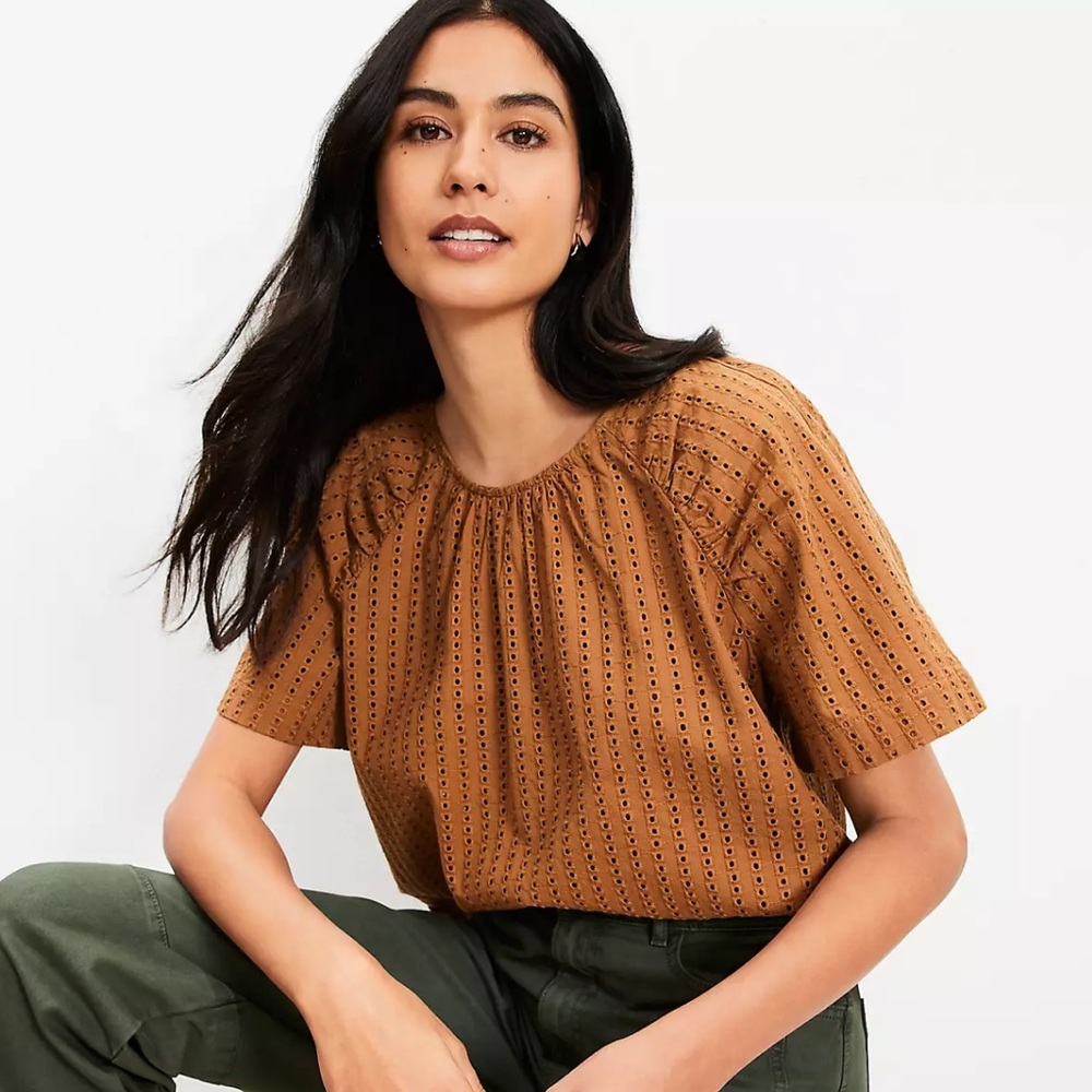 Eyelet Short-Sleeve Blouse in Caramel